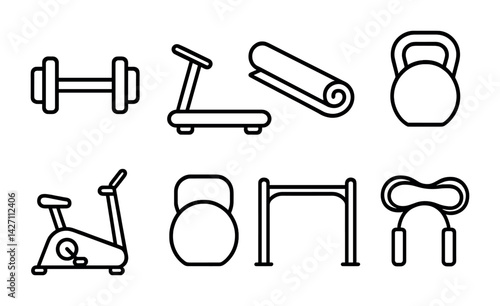 Fitness and exercise icon set – outline style gym and workout symbols for health and wellness: dumbbell, treadmill, yoga mat, kettlebell, exercise bike, pull-up bar, resistance band