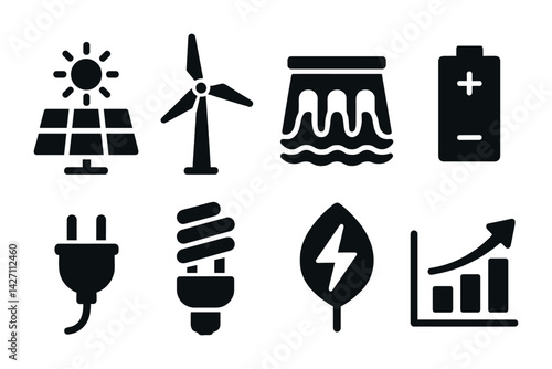 Renewable energy icon set – solid style eco-friendly and sustainable energy symbols: solar panel, wind turbine, hydroelectric dam, battery, plug, light bulb, leaf, growth chart