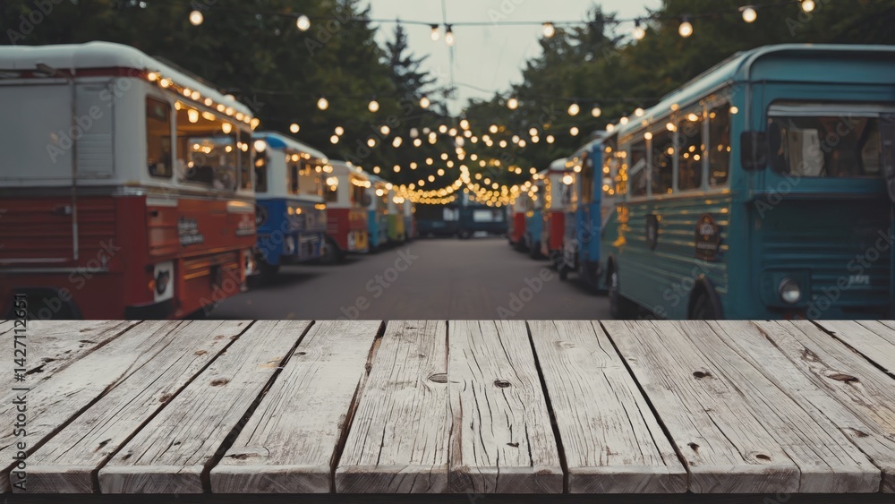 Obraz premium Vibrant atmosphere at nighttime bus festival. Rows of vintage vehicles illuminated by string lights, inviting visitors to explore.