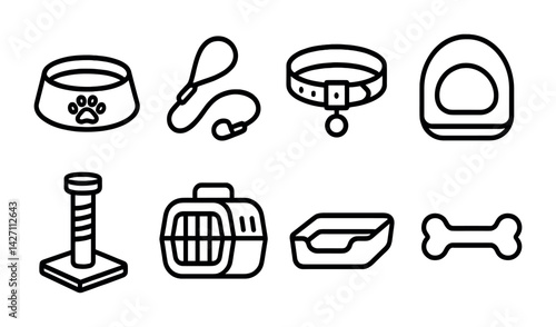 Pet accessories icon set - outline style symbols for animal care, dog and cat essentials: bowl, leash, collar, bed, scratching post, carrier, litter box, bone