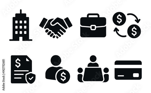 Business and finance icon set – solid style corporate symbols for economic management, trade, and fiscal planning: skyscraper, handshake, briefcase, currency exchange, invoice, meeting, credit card