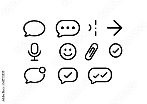 Communication and messaging icon set – outline style chat and interaction symbols for digital communication, online chat, and social media: speech bubble, microphone, emoji, paperclip, arrow,