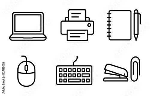 Obraz na płótnie Office supplies icon set - outline style design for stationery and workplace essentials: laptop, printer, notebook, mouse, keyboard, stapler, paperclip w salonie