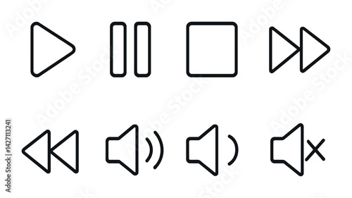 Multimedia control flat icons set – line style symbols for audio and video player interfaces: play, pause, stop, fast forward, rewind, volume up, volume down, mute