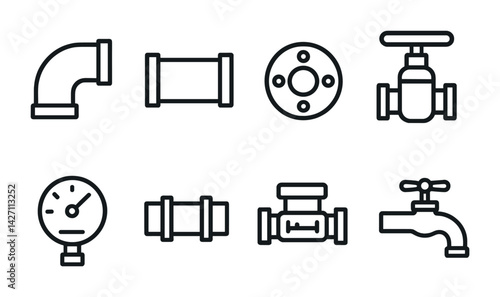 Plumbing equipment icon set – outline style water system and pipe fitting symbols for plumbing design, maintenance, repair: valve, gauge, faucet, elbow joint, flange