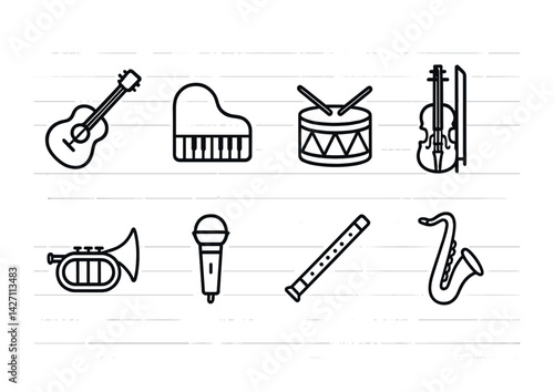 Musical instruments icon set – outline style music and sound symbols for musicians, bands, and orchestras: guitar, piano, drum, violin, trumpet, microphone, flute, saxophone