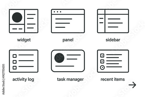 Dashboard interface outline icon set – streamlined flat style symbols for intuitive web design, ui elements, and app functionality: widget, panel, sidebar, activity log, task manager, recent items
