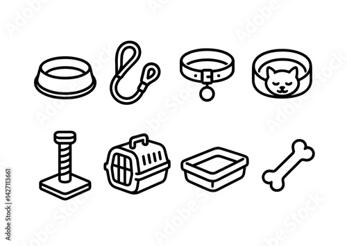 Pet care icon set – outline style symbols for animal accessories and pet supplies: food bowl, leash, collar, pet bed, scratcher, carrier, litter box, bone