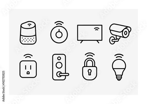 Smart home device icon set – outline style technology and automation symbols for smart living, connectivity, and security: smart speaker, thermostat, tv, camera, plug, doorbell, lock, light bulb