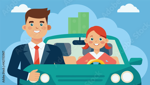 A young professional smiles confidently as they sit in their newly purchased car thanks to the guidance of a specialized financial advisor in managing. Vector illustration