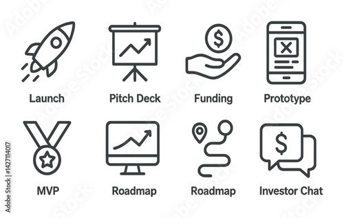 Startup and business development icon set – outline style innovation and growth symbols for entrepreneurial ventures, pitching, and investment: launch, pitch deck, funding, prototype, mvp, roadmap,