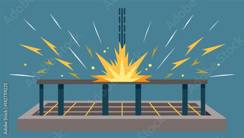 Sparks fly from the steel reinforcement bars as they are carefully p and secured in preparation for the concrete pour.. Vector illustration