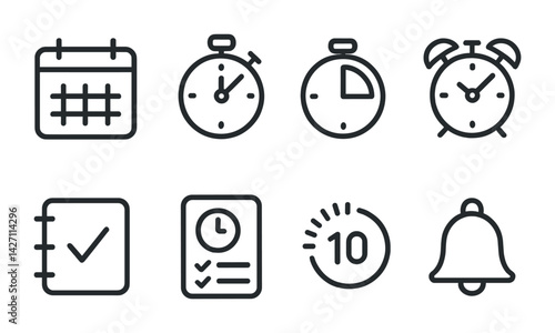 Scheduling and time management icon set – outline style punctuality and organization symbols for planners, timers, and reminders: calendar, stopwatch, alarm clock, checklist, bell, timer, notebook