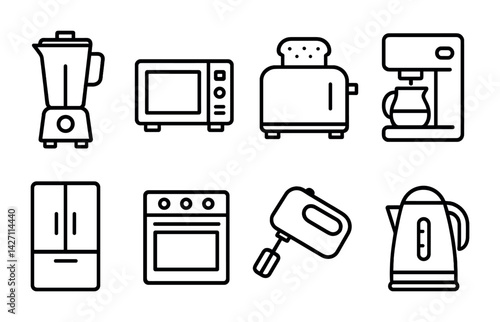 Kitchen appliances icon set – outline style home cooking, culinary tools, and utility symbols: blender, microwave, toaster, coffee maker, refrigerator, oven, mixer, kettle