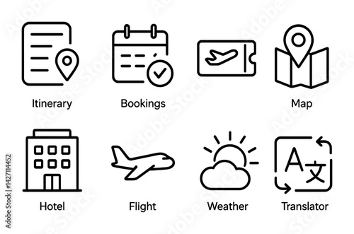 Travel and tourism icon set – outline style for vacation planning, trip navigation, tourism essentials: itinerary, bookings, map, hotel, flight, weather, translator