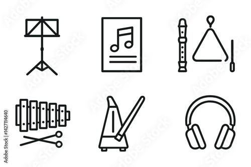 Music equipment and instruments icon set – outline style symbols for musicians and educators: music stand, sheet music, recorder, triangle, xylophone, metronome, headphones