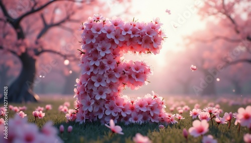 Letter E Made Of Pink Cherry Blossoms In A Spring Landscape