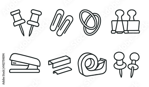 Office supplies icon set – outline style stationery and desk tools for work and organization: push pin, paperclip, binder clip, stapler, staples, tape, thumbtack