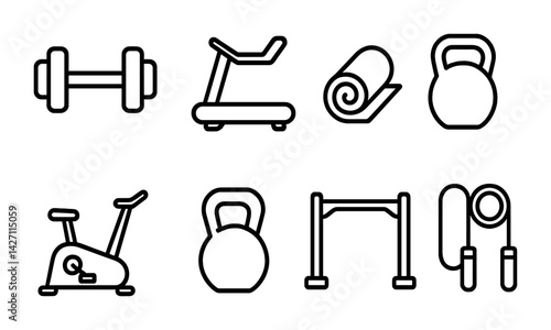 Fitness equipment icon set – outline style gym and workout symbols for health and exercise: dumbbell, treadmill, yoga mat, kettlebell, exercise bike, pull-up bar, jump rope