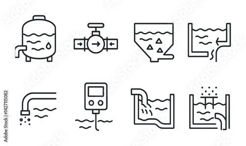Water treatment icon set – outline style water processing symbols for filtration and purification, wastewater, pump, valve, tank, chemical, flow meter