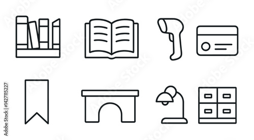 Library and literature icon set – outline style reading and book-themed symbols for educational and literary resources: bookshelf, open book, scanner, card, bookmark, desk, lamp