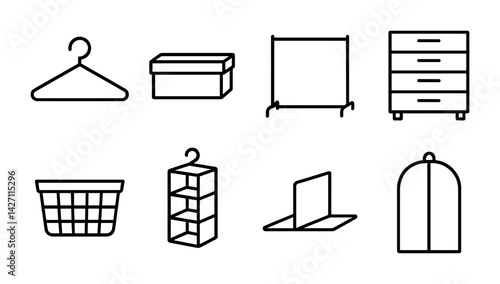 Home organization outline icon set – minimalist and clean storage and decluttering symbols for home improvement, space-saving, and tidying: hanger, box, rack, dresser, basket, shelf, divider, cover