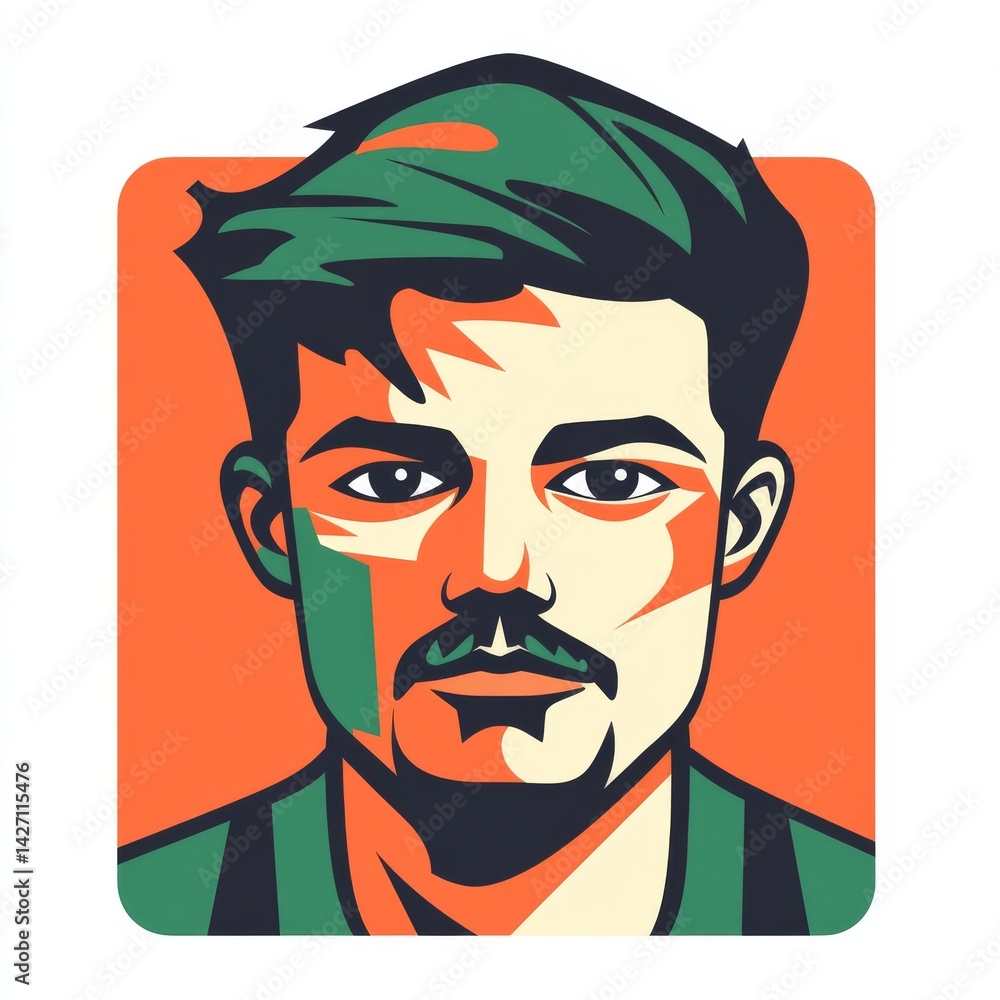 Fototapeta premium A focused young man with a mustache is depicted in a minimalist style icon