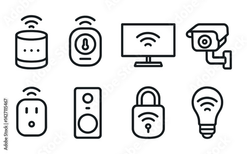 Smart home technology icon set – linear style home automation and security symbols: smart speaker, thermostat, smart tv, security camera, smart plug, smart lock, smart bulb