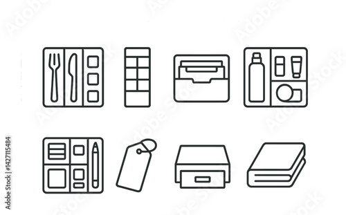 Travel and essentials line icon set – linear style vacation packing and organization symbols for efficient travel: cutlery, pillbox, travel organizer, toiletry kit, stationery, suitcase tag, drawer,