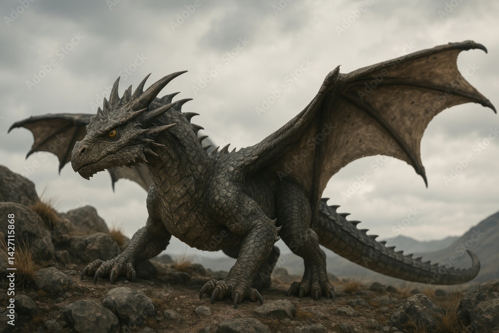 Fototapeta premium Majestic dragon in rocky landscape.