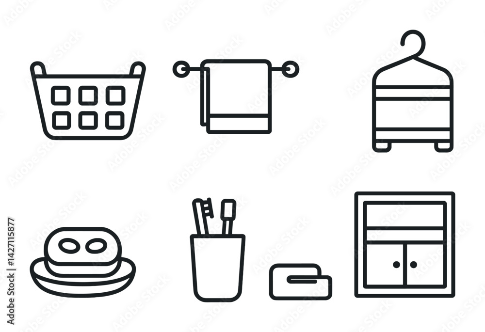 Bathroom essentials icon set – outline style home and hygiene symbols for interior design, cleanliness, and organization: laundry basket, towel, hanger, soap, toothbrush, cabinet Bathroom essentials icon set – outline style home and hygiene symbols for interior design, cleanliness, and organization: laundry basket, towel, hanger, soap, toothbrush, cabinet