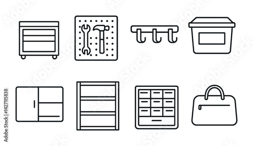 Home organization icon set – outline style tools and storage symbols for decluttering, space saving, room tidy: toolbox, pegboard, wall hooks, storage box, cabinet, shelf, drawer, organizer