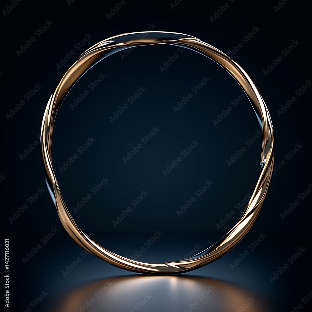 A Twisted Golden Ring on a Dark Blue Reflective Surface A Twisted Golden Ring on a Dark Blue Reflective Surface