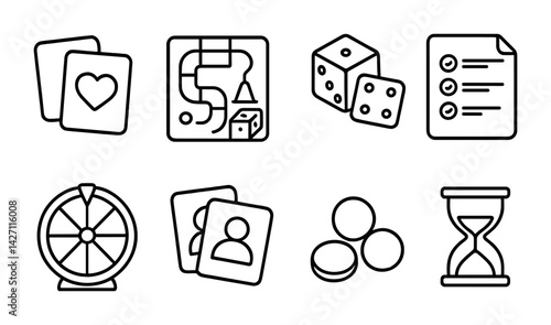 Board game and leisure line icons set – outline style for gaming, relaxation, and hobby: playing cards, dice, game board, checklist, spinner, tokens, hourglass