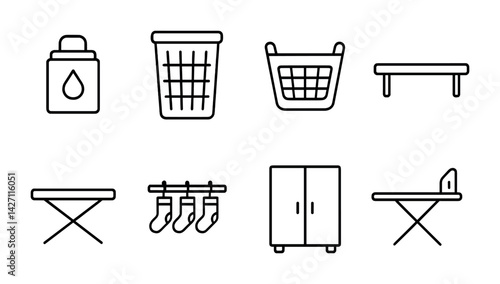 Laundry room linear icons set – outline style for household and chore organization: detergent bottle, laundry basket, drying rack, ironing board, clothes hanger, wardrobe, socks