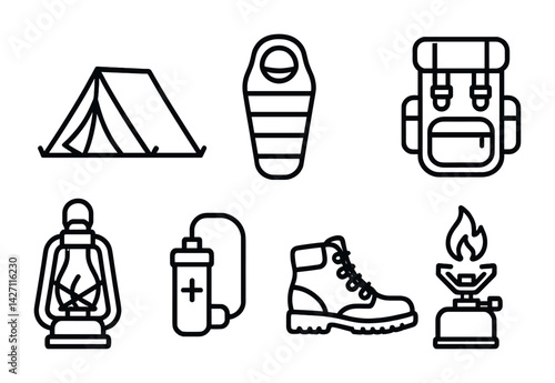 Camping and outdoor adventure icon set – outline style camping gear symbols for wilderness exploration, nature trips, and survival: tent, sleeping bag, backpack, lantern, stove, boots, water bottle