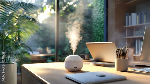 Aromatherapy diffuser on desk for essential oils and humidifier for home office relaxation and wellness