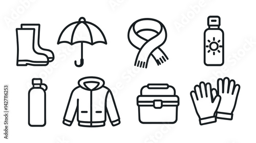 Weather protection icon set – outline style climate and outdoor safety symbols: boots, umbrella, scarf, sunscreen, water bottle, jacket, lunchbox, gloves