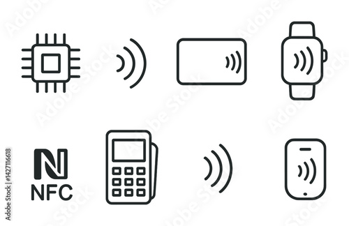 Contactless payment icon set – outline style mobile transaction and digital wallet graphics: nfc chip, contactless symbol, card, smartwatch, pos terminal, smartphone