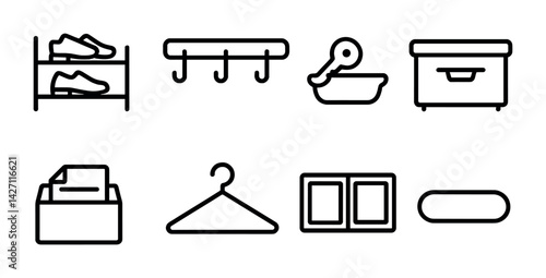 Home organization outline icons set – streamlined storage and decor symbols for tidy spaces, minimalist designs, and efficient living: shoe rack, coat hooks, key dish, storage box, file tray, hanger,