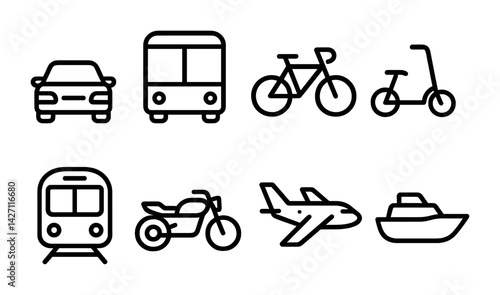 Transportation icon set - outline style transport and mobility symbols for urban travel: car, bus, bicycle, scooter, train, motorcycle, airplane, boat