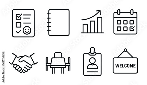 Business and office line icon set – linear style symbols for corporate and workplace design: checklist, notebook, graph, calendar, handshake, meeting table, id badge, welcome sign