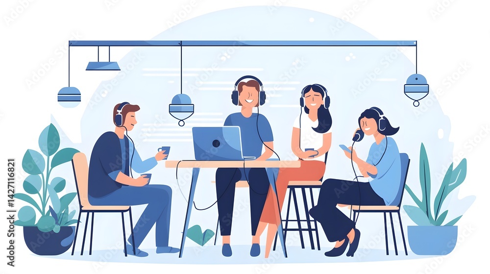 Flat Vector Illustration of Online Podcast with Young People. Modern Technology Concept. Flat Vector Illustration of Online Podcast with Young People. Modern Technology Concept.