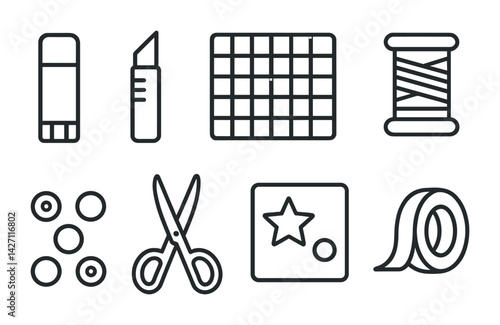 Crafting and sewing icon set – linear style art and diy symbols for creative projects, handmade goods, and tailoring: scissors, thread spool, buttons, tape, cutter, eraser, grid