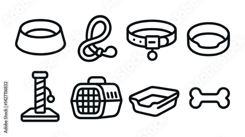 Pet accessories icon set – outline style for animals and pet care essentials: bowl, leash, collar, scratching post, carrier, litter box, dog bone
