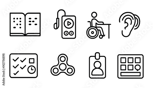Accessibility icon set – outline style disability and assistive symbols for inclusivity and communication: braille book, hearing aid, wheelchair, ear, checklist, spinner, id card, touch screen