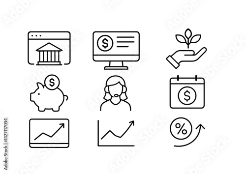 Finance and banking icon set – outline style financial management and investment symbols for budgeting, economics, and savings: bank, computer, piggy bank, growth, calendar, chart