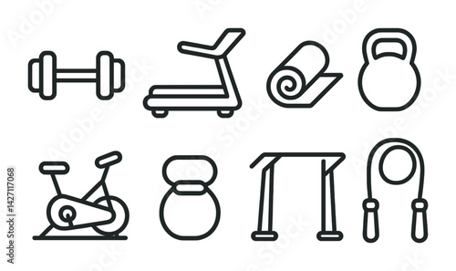 Fitness and gym equipment icon set – outline style workout and exercise symbols for health training, strength, and cardio: dumbbell, treadmill, yoga mat, kettlebell, bike, pull-up bar, jump rope