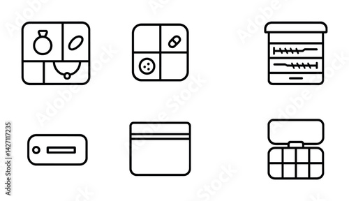 Jewelry and accessories outline icons set – minimalist style fashion and beauty symbols for styling, retail, and design: necklace, earring, ring, bracelet, watch, brooch, locket, charm