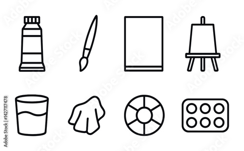 Art and painting outline icons set – linear style creativity and artistic tools for design, drawing, and crafts: paint tube, brush, canvas, easel, water cup, rag, palette, color tray